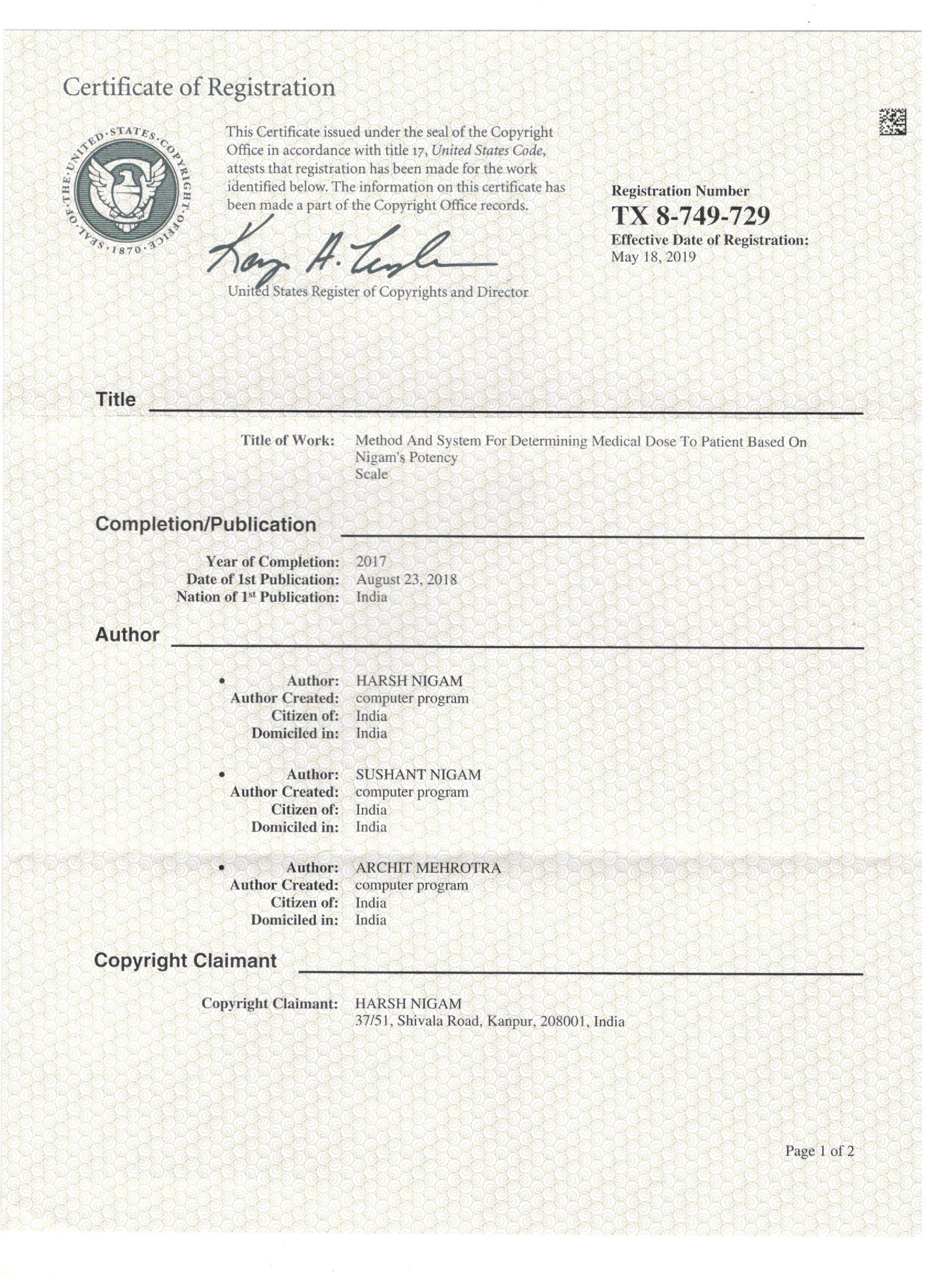 US Copyright Certificate
